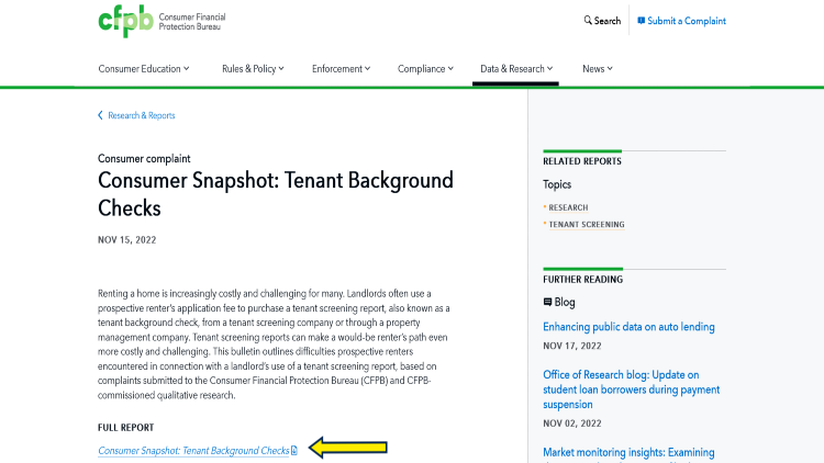 Screenshot of the CFBP website page about Tenant Background Checks with a yellow arrow pointing to its full report.