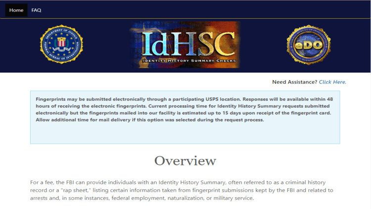 A screenshot of the IDHSC (Identity History Summary Check) website, which provides an overview of the service for obtaining a criminal history record from the FBI.