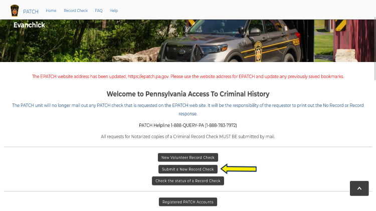 Screenshot of the Pennsylvania website page about access to criminal history with a yellow arrow pointing to the button to submit a new record check.