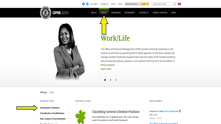 Screenshot of the OPM gov website page about policies for employment with yellow arrows pointed on how to access the background check guidelines of employers.