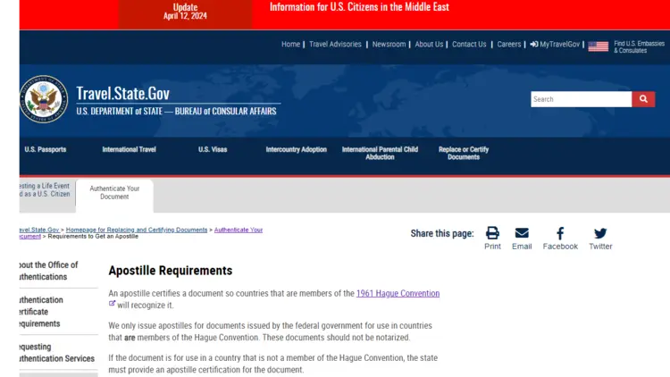 Screenshot of the U.S. Department of State's website page on Apostille Requirements.