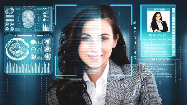 An image showing a woman's face displayed on a high-tech digital security interface with fingerprint scans and ID matching.