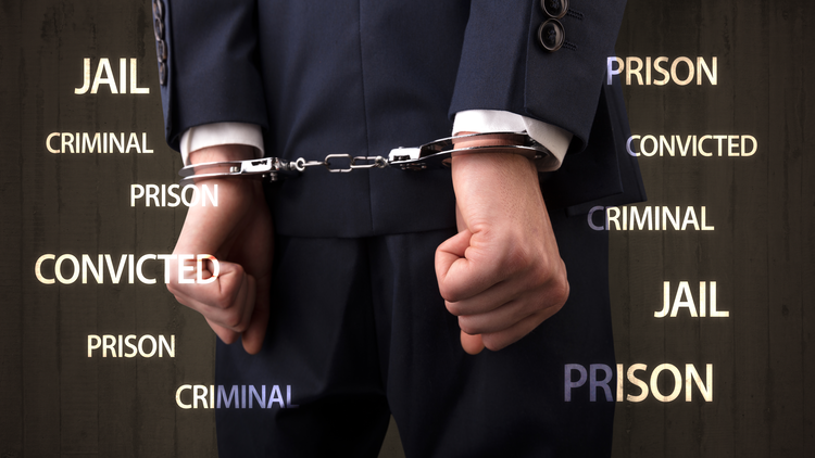 An image showing a person in handcuffs, wearing a suit, with text describing their legal status as a "Convicted Criminal" and the associated terms "Jail" and "Prison".