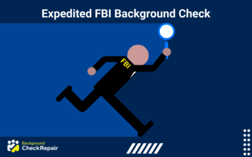 FBI agent running with magnifying glass to complete an expedited FBI background check quickly.