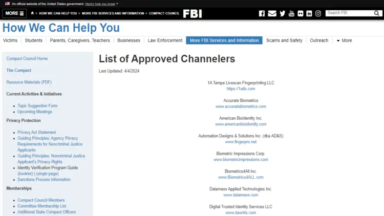 A screenshot that shows a webpage from the FBI's website listing the Approved Channelers.