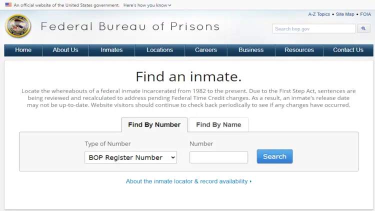 A screenshot of the "Find an inmate" section of the Federal Bureau of Prisons website.
