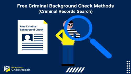 Magnifying glass showing a person in striped jail suit under regular clothes next to a free criminal background check report.