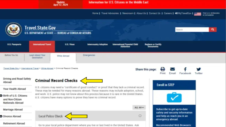 Screenshot of the Criminal Record Checks and Local Police Check sections on the Travel.State.Gov website.