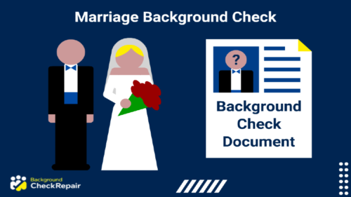 Newlywed couple standing side by side after their ceremony with a marriage background check beside them.