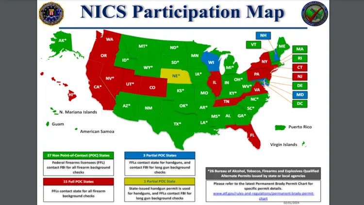 Screenshot of the map of NICS participation by U.S. states and territories from the FBI website.