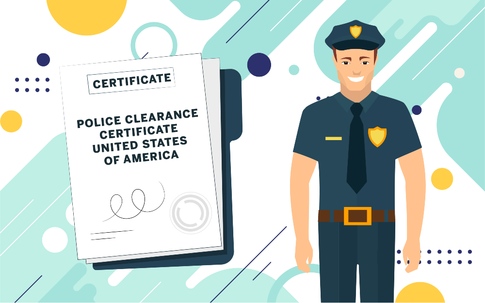 Police clearance certificate (USA) next to a police officer in the background check department