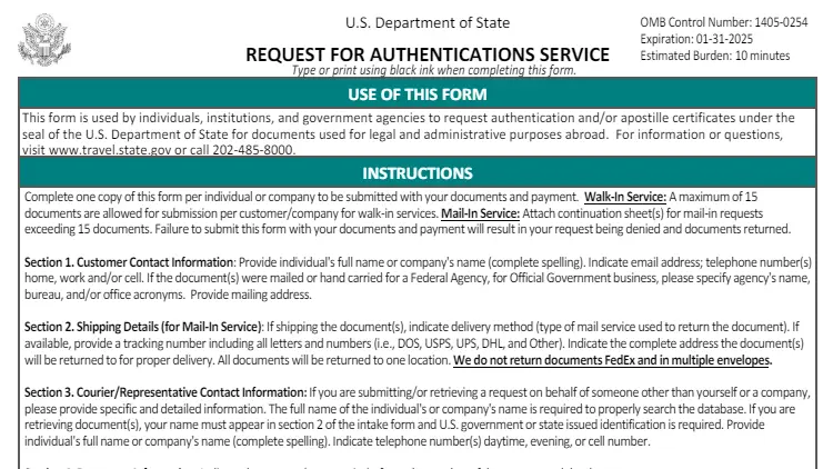 Screenshot of the Request for Authentications Service form from the U.S. Department of State.