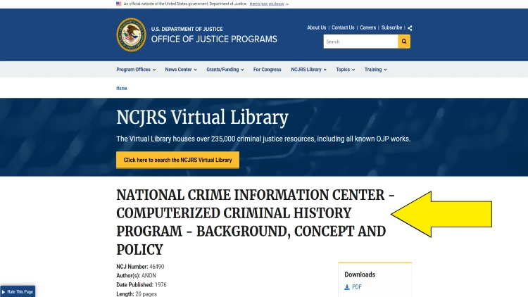 Screenshot from the Office of Justice Programs website with a yellow arrow pointing at the National Crime Information Center – Computerized Criminal History Program – Background, Concept, and Policy header.