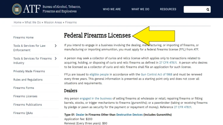 Screenshot from the ATF website with a yellow arrow pointing at the 'Federal Firearm License' title.