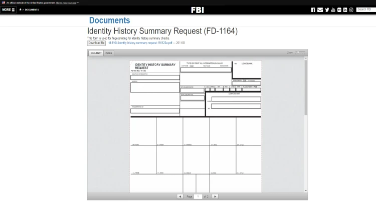Screenshot of Identity history summary request (fd-1164) form from fbi website.