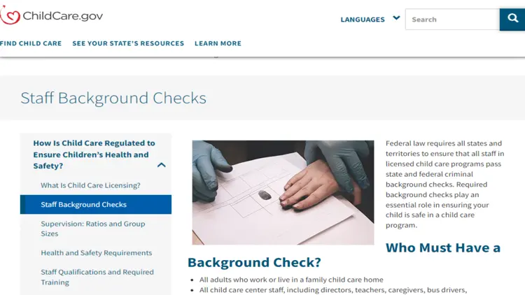 An image showing a screenshot from the ChildCare.gov website, highlighting information about staff background checks for child care programs.