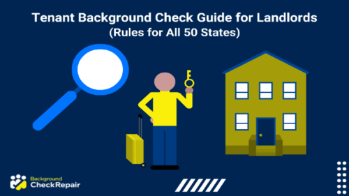 Magnifying glass on the left next to a new renter holding a key to the building after passing a tenant background check screening successfully.