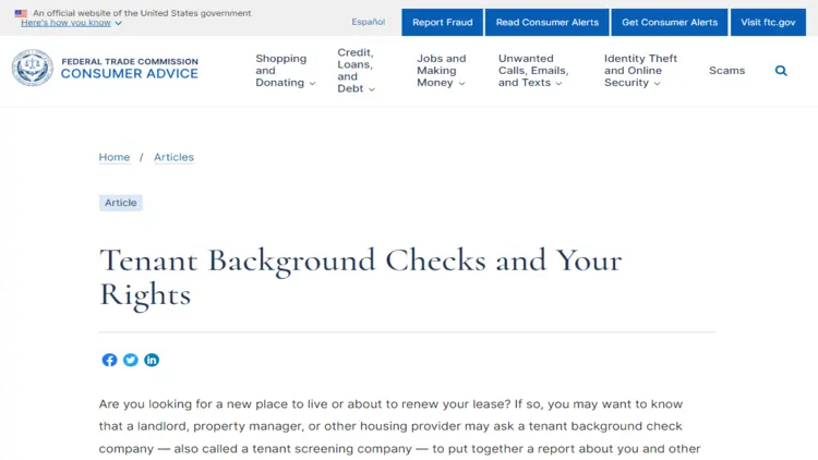 This is a screenshot of the Federal Trade Commission's Consumer Advice website, displaying the tenant background checks and your rights page.