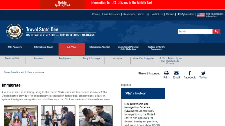 Screenshot of the "Immigrate" section on the Travel.State.Gov website about immigrating to the United States.