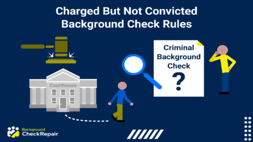 Gavel striking in upper left above a courthouse, with a person walking free from the building towards a magnifying glass to view their charged but not convicted background check report with a question mark on the right explaining criminal records.