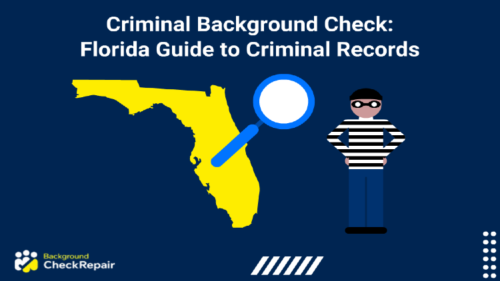 Man wearing jail shirt with a magnifying glass conducting a criminal background check, Florida in the background.