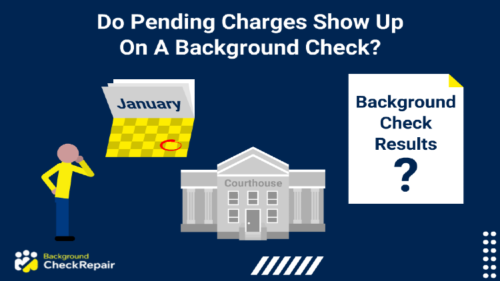 Man on the left wondering do pending charges show up on a background check, with 2021 calendar near by, court house in the middle, and background check results page on the right.