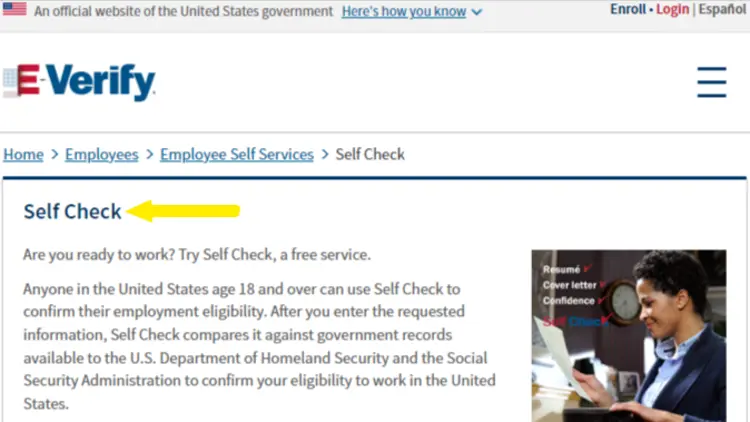 Screenshot of the E-Verify Self Check Service webpage.