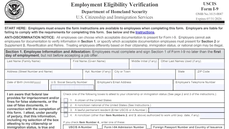 Screenshot of the U.S. Citizenship and Immigration Services (USCIS) Form I-9, Employment Eligibility Verification.