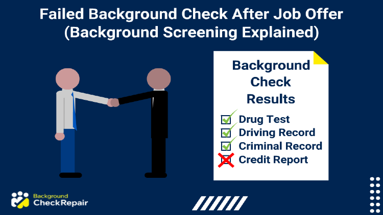 Person shaking hands with employer after the interview while hiding a report showing failed background check after job offer on the right.