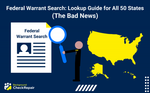 Federal warrant search document on the left with a man holding a magnifying glass reviewing the document, and the United States on the right, with Alaska and Hawaii in yellow.