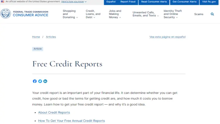 Screenshot of Federal Trade Commission Free Credit Reports webpage.