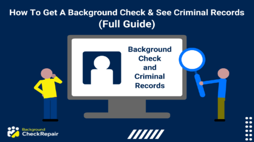 Two people holding magnifying glass up to a computer screen to demonstrate how to get a background check.