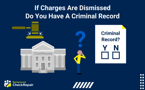 Court and gavel with checkbox form showing answer to if charges are dismissed do you have a criminal record and a person waiting anxiously nearby for an answer.