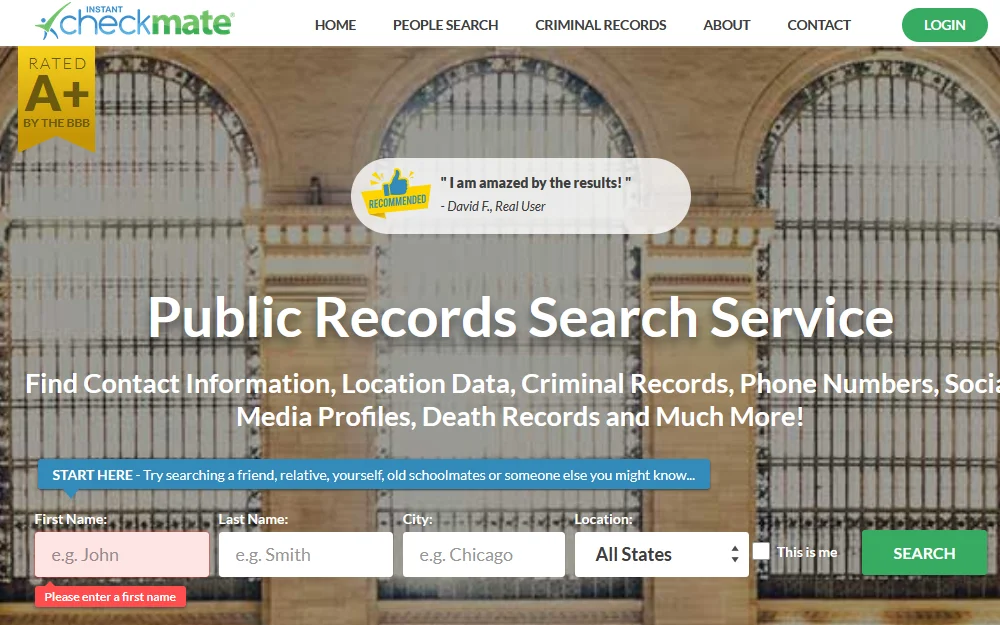 Instant Checkmate screenshot showing public records search bar with places to add name, phone number and all fifty states. 