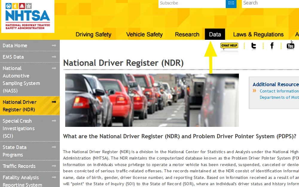 Screenshot of the National Driver Registry page, with an image of a line of vehicles at the top, and a yellow arrow pointing to the data menu setting.