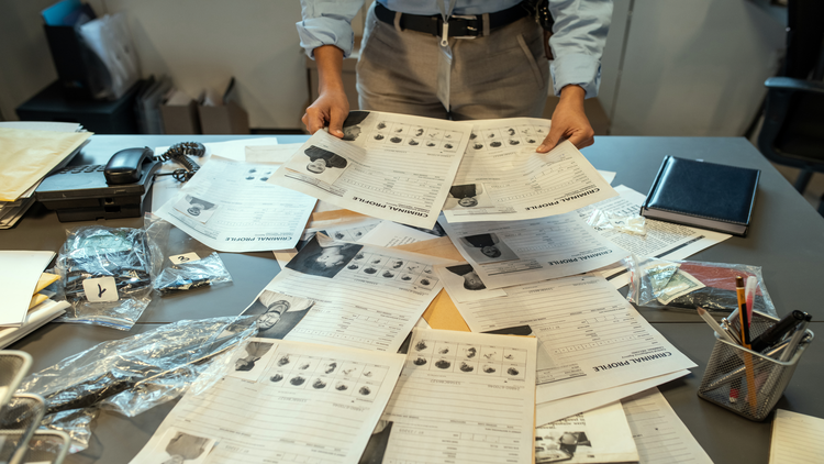 A person examining fingerprint evidence and police criminal documents spread out on a table, suggesting for a background check.