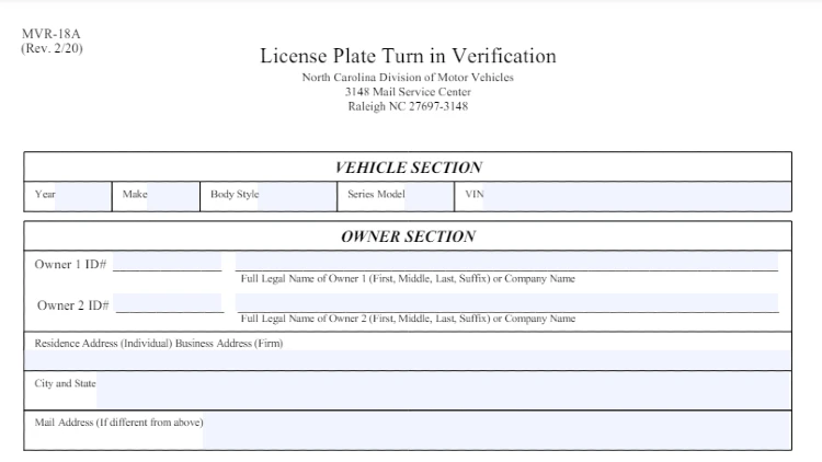Screenshot of License Plate Turn-In Verification Form from North Carolina Department of Transportation website.