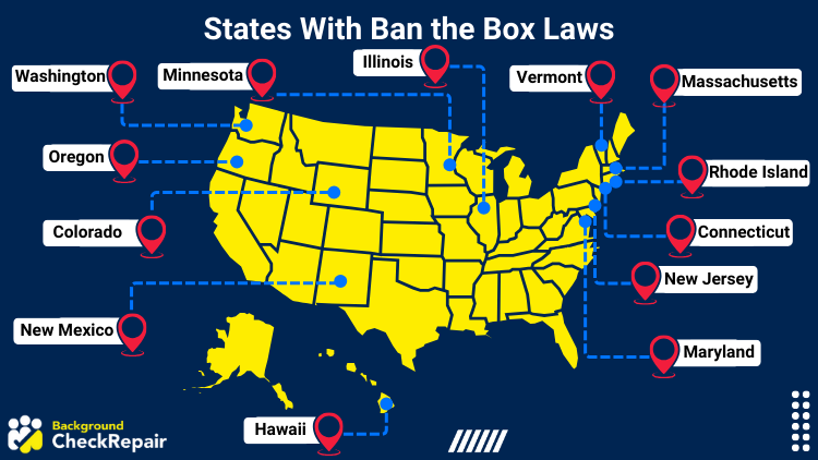 Map of the United States showing states with Ban the Box Laws i including Washington, Minnesota, Illinois, Vermont, Massachusetts, Oregon, Colorado, New Mexico, Hawaii, Rhode Island, Connecticut, New Jersey, and Maryland.