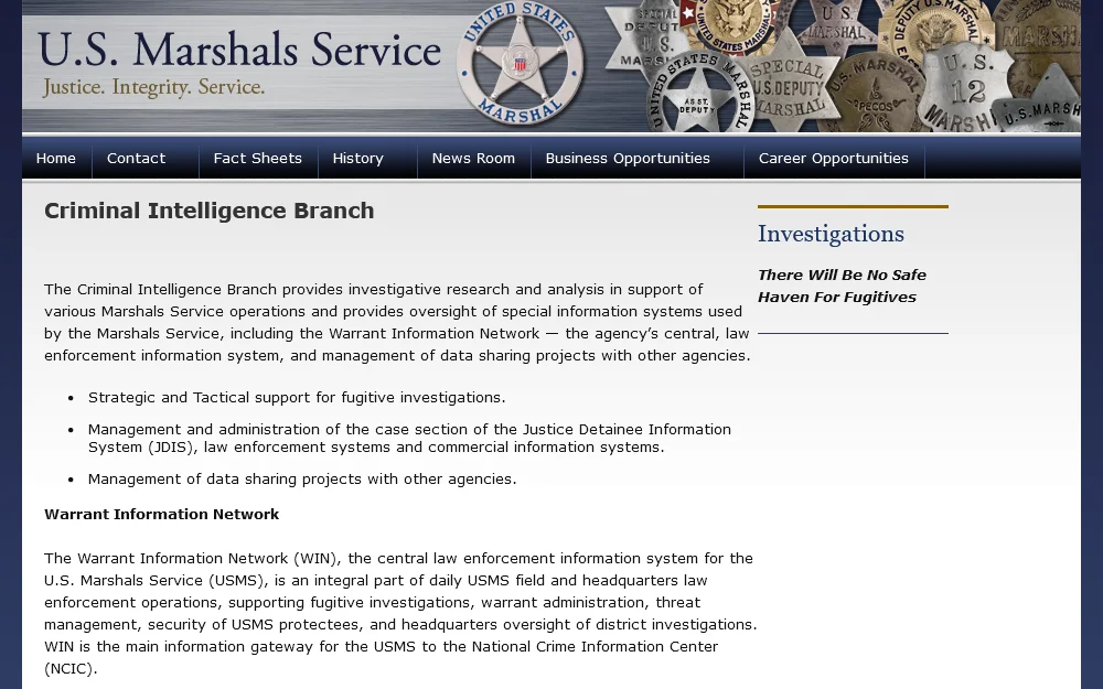 US Marshals WIN Service page screenshot detailing information about a federal warrant search. 