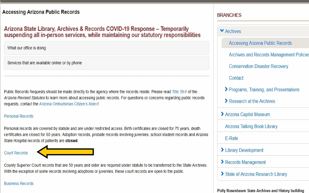 Arizona State Library Archives and Public records Search website screenshot with arrow pointing to search tool. 