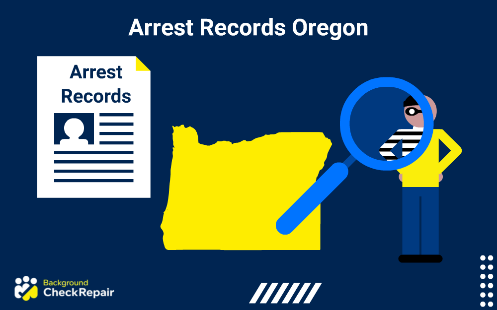 Criminal document of arrest records Oregon on the left with the state outline in the middle and a magnifying glass being held up to a man guilty of convictions now facing jail time in a prison jump suit.