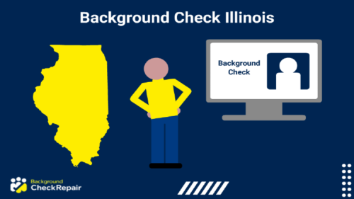 Man standing with both hands on his hips between a computer monitor on the right showing a background check, Illinois state on the left.