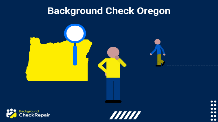 Magnifying glass hovering above a man in the center wondering about a background check, Oregon state behind him with another man walking to check Oregon records to his left.