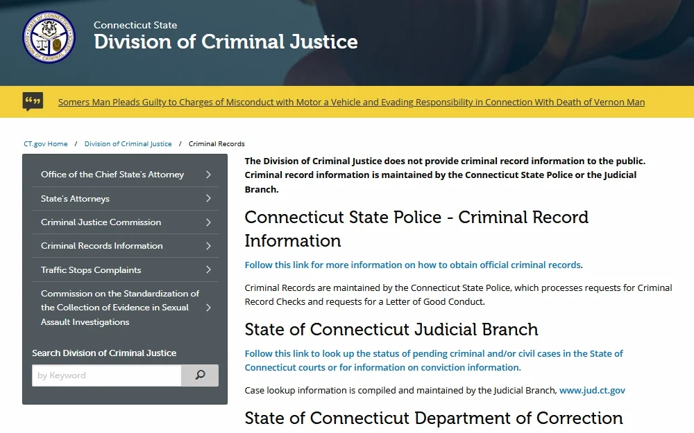 Criminal justice division website screenshot with link to background check, Connecticut resources. 