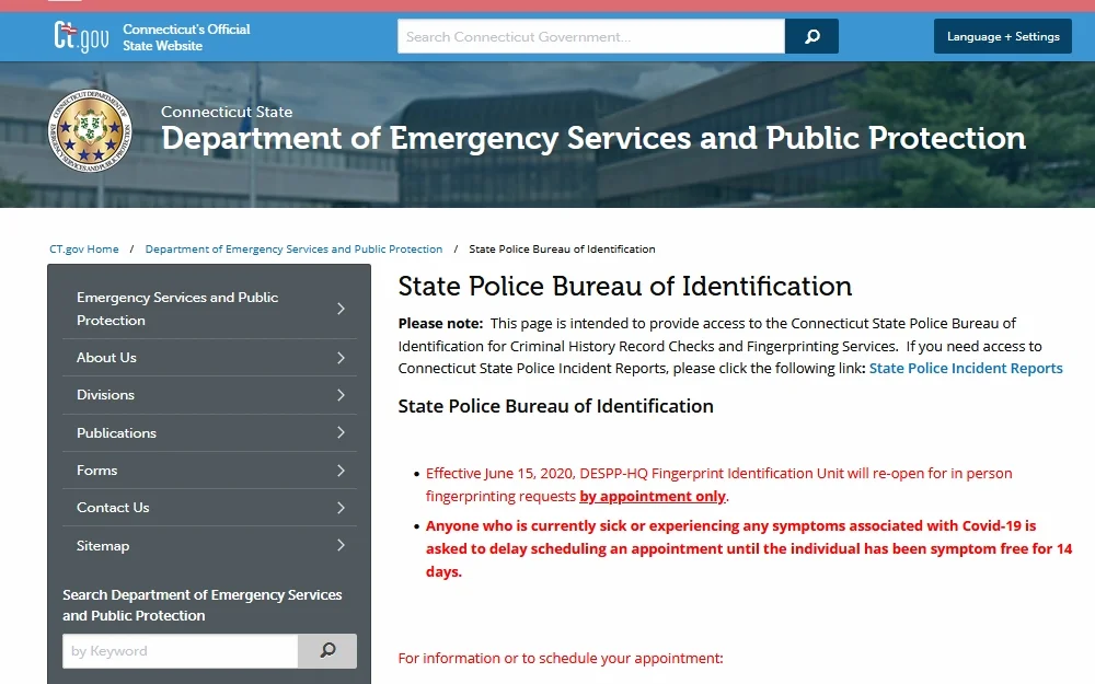 Department of emergency services and public protection website screenshot for a background check, Connecticut. 