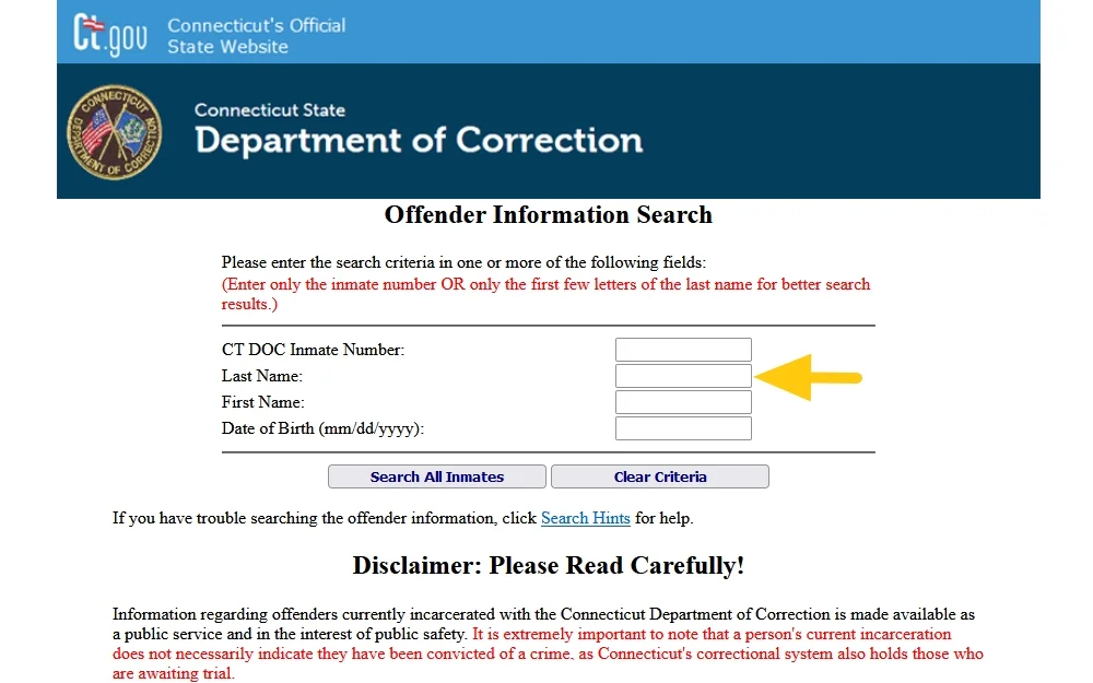 Connecticut department of corrections offender search website screnshot. 