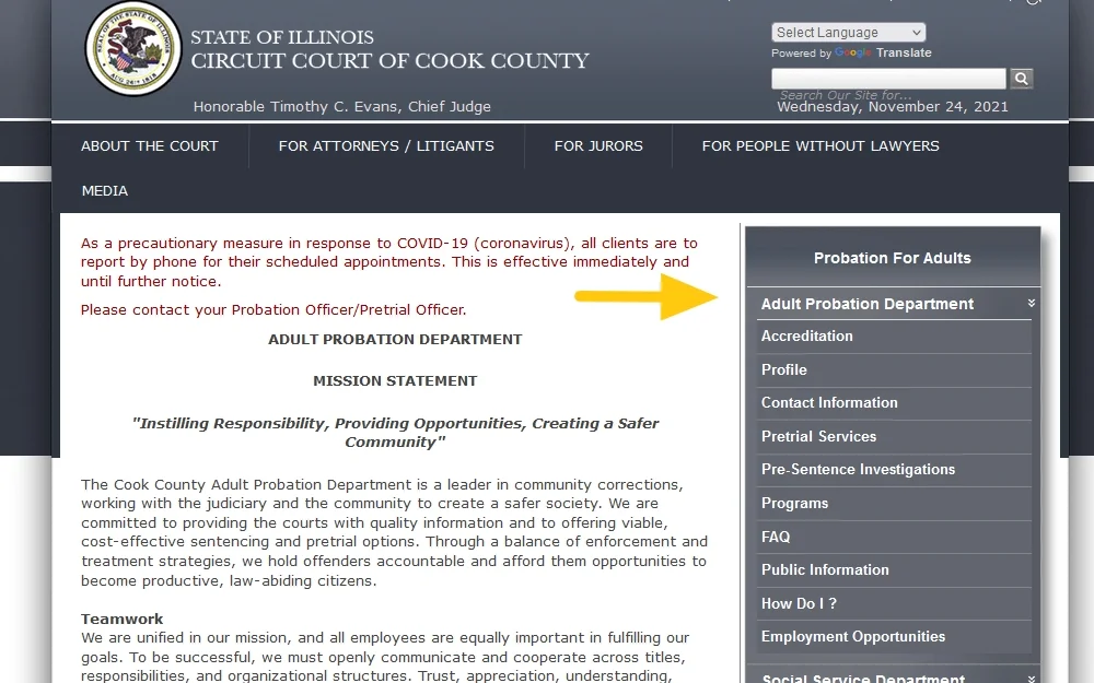Cook County Illinois court website screenshot with arrow pointing to information on how to find out if someone is on probation. 