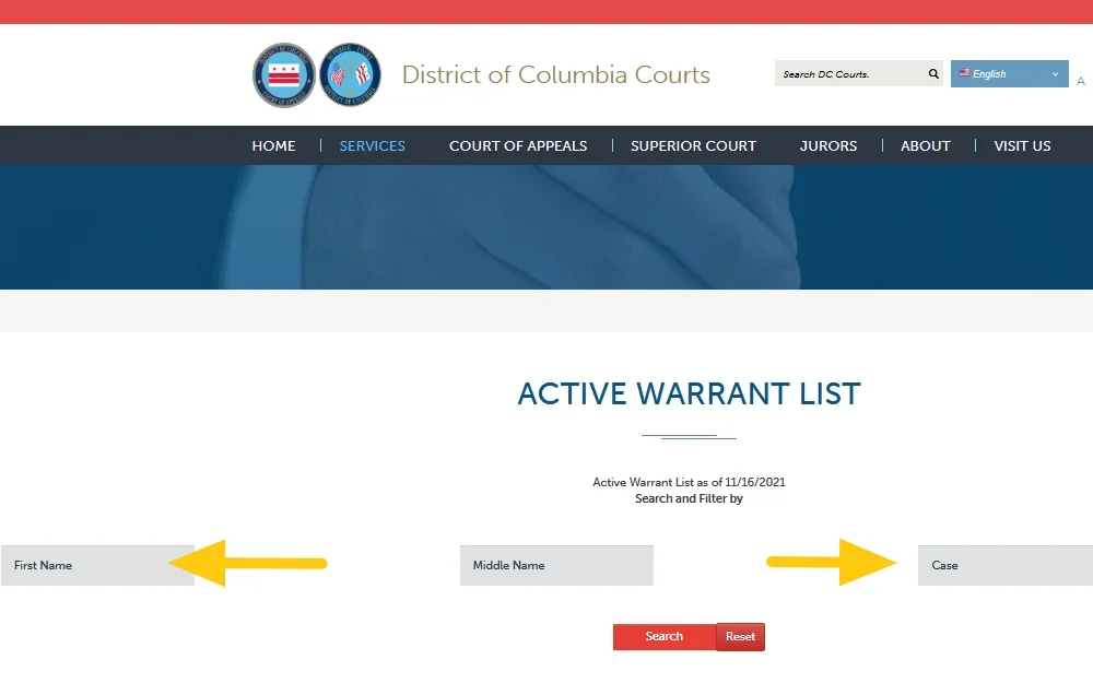 The Disctrict of Columbia active warrant search website screenshot with yellow arrows showing where to enter information to find out do warrants show up on a background check. 