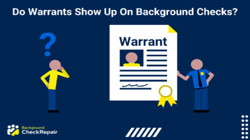 Man in yellow shirt on the left wondering do warrants show up on background checks with a police officer holding an active arrest warrant document with a bench warrant ready to serve if needed.