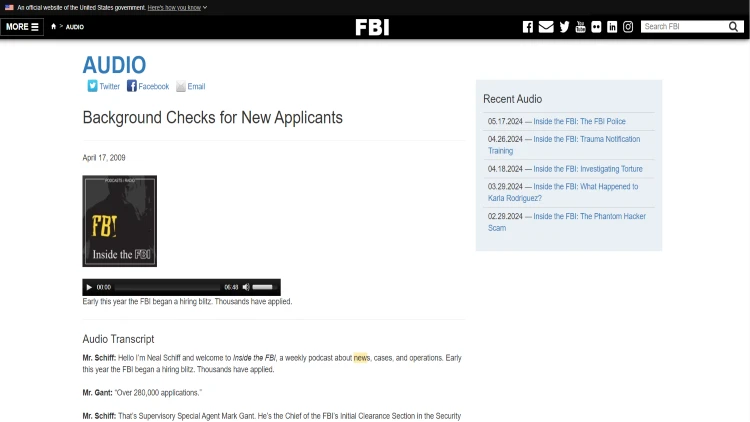Screenshot from the FBI website with the title "Background Checks for New Applicants.